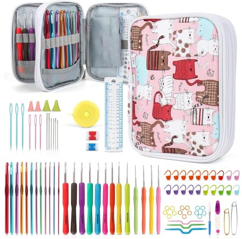 Katech Häkelnadel Set, 99 Stück Ergonomische Häkelnadeln Set mit DIY Stricken Zubehör und Tragbaren Tasche, Häkeln Set für Alle Muster Wollarten