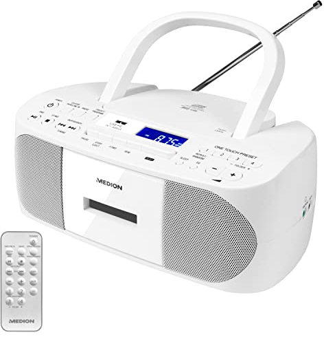 MEDION E65010 Stereoradio (CD-Player, Kassette, USB Anschluss, AUX Audioeingang, MP3-Widergabe. UKW PLL Radio,40 Senderspeicher, Batteriebetrieb, Fernbedienung) weiß
