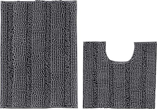 ZESLIV 2 TLG Set Chenille Hochflor Badematte rutschfeste Waschbare Badteppiche Badvorleger Badgarnitur WC Vorleger Badezimmerteppich Grau (50x50cm+50x81cm)