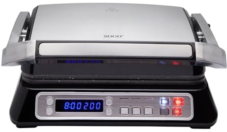 SOGO Sandwichera Eléctrica Grill Digital 2000W con Apertura 180° - Plancha de Cocina con Placas Antiadherentes 31x24 cm - Pantalla LCD y Termostato - Limpieza Fácil y Cocina Rápida