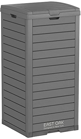 EAST OAK 38 Gallon Outdoor Trash Can | Waterproof Resin Garbage Can with Tiered Lid & Drip Tray | Outside Trash Bin for Patio | Kitchen, Backyard & Deck | Gray Color
