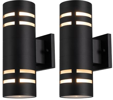 mirrea 12in Modern Outdoor Porch Light Patio Light in 2 Lights with Aluminum Cylinder and Tempered Glass Cover Waterproof Wall Sconce Matte Black 2 Pack