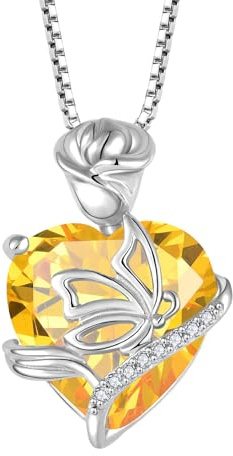 FJ Herz Geburtsstein Kette Damen 925 Sterling Silber Schmetterling Kette Anhänger Rose Blume Halskette Schmuck Geschenke für Frauen Mutter Freundin Mama