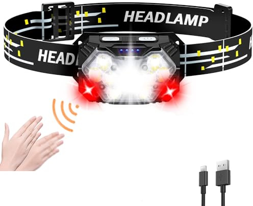 SENDALE Stirnlampe LED Wiederaufladbare,5000 Lumen 9 LED Kopflampe Batteriebetrieben USB C aufladbar mit Rotlicht und Bewegungssensor,7 Lichtmodi,IPX6 Wasserdichte für Nachtreiten,Camping,Wartung (1)