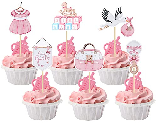 Gyufise 36Pcs Baby Shower Girl Cupcake Toppers Swan Pacifier Cloud Moon Star Baby Girl Cupcake Picks Oh Baby It's a Girl Cake Decorations for Baby Shower Kids Girls Birthday Party Supplies Pink