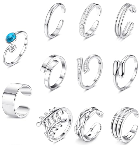 Kakonia 12 Stück Zehenring Zehenringe für Damen Frauen Gold Silber Luamaya Boho Wasserfest Kupfer Glitzer Verstellbare Offene Strand Fußring Türkis Schmuck Set