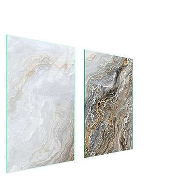 TMK ArtDeko Herdabdeckplatten Set 75x52 cm Ceranfeld Abdeckung Glas Spritzschutz Abdeckplatte Glasplatte Herd Ceranfeldabdeckung Deko Schneidebrett, Marmor
