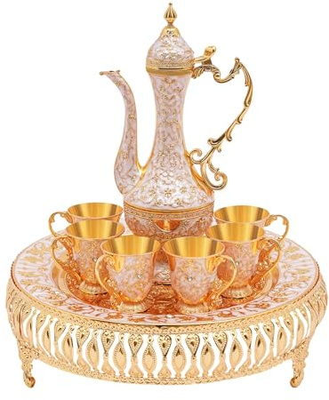 LUNICASHA Ensemble de cafetière turque vintage avec plateau et 6 verres à thé, verres à thé, ornement de théière turque dorée, cafetière marocaine pour la maison, le thé