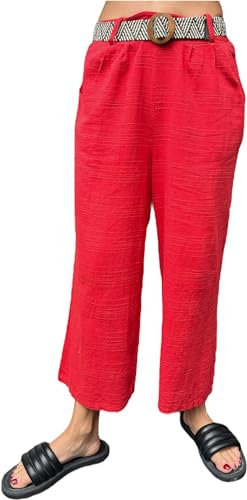 FASHION YOU WANT Damen 3/4 Culotte Hose leicht Sommerhose aus Baumwolle mit Taschen und mit Flecht-Gürtel (DE/NL/SE/PL, Alphanumerisch, Einheitsgröße, Regular, Regular, rot)