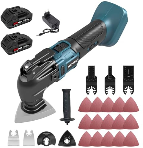 Akku Multifunktionswerkzeug, mit 2x1500mAh Akku, 300W Oszillationssäge Bürstenloser, 4°Oszillationswinkel, 6000-22000U/min mit 22 Zubehör