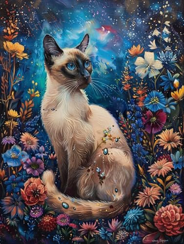 AMBATTERY Knüpfkissen Siamesische Katze Und Blumen Knüpfset Mit Vorgedrucktem Muster Für Erwachsene. Handgefertigter Knüpfteppich Zum Selbermachen 31x63in