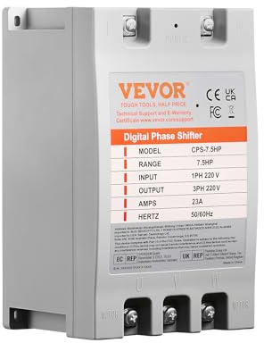 VEVOR Convertisseur triphasé - 7,5 HP 23 A 220 V monophasé vers 3 phases, entrée/sortie 220 V-240 V, déphaseur numérique pour un usage résidentiel et commercial léger (un convertisseur pour un seul