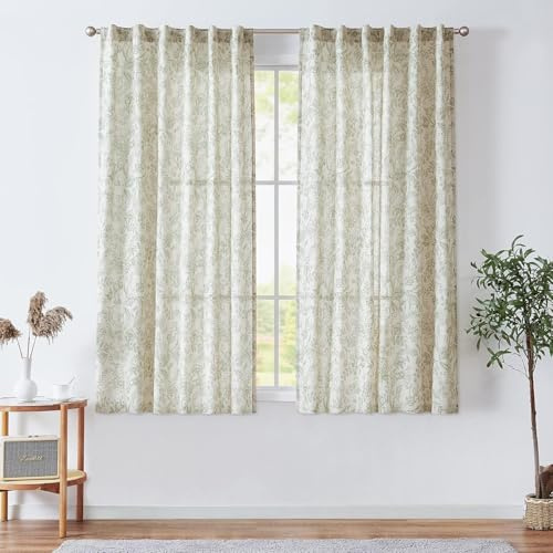 TOPICK Floral Gardinen Leinenoptik Vorhänge 2er Set Grün Beige H225xB140 | Lichtdurchlässig Gardinen Wohnzimmer boho landhausstil blickdicht Vorhänge Schlafzimmer mit Tunnel und verdeckten schlaufen