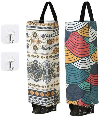 Haohai 2pcs Wall Mount Plastic Bag Holder, Plastic Bag Holders for Grocery Bags, Plastic Bag Holder Dispenser with 2 Hooks (2, Colourful)