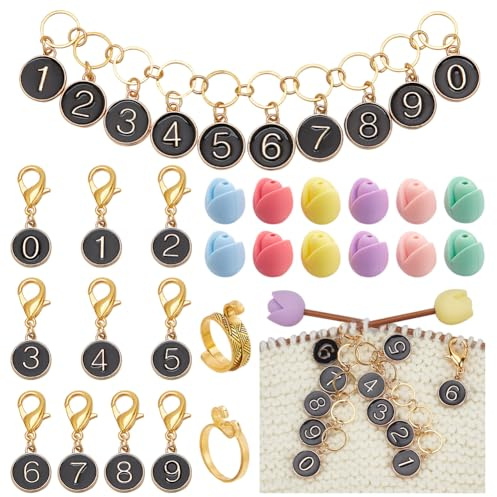 NBEADS 33 Stk. Stricken Zubehör Kit, Inklusive schwarzer Strickreihen-Zählerketten 0-9 Nummer Masche Marker 6 Farben Silikon-Stricknadel-Stopper Fadenführer Fingerring für Stricken Projekt