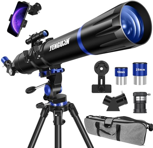 YENGUAN Teleskop för vuxna och barn, 90 mm bländare 800 mm refraktor professionella teleskop för vuxna astronomi, högdrivet flerbelagt överföringsteleskop med telefonadapter och rostfritt stativ,