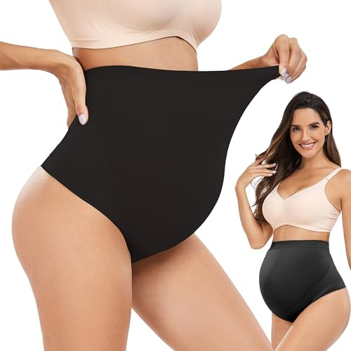 Hailycoco Seamless Maternity Shapewear, Maternity Thong High Waist Underwear Panties for Pregnancy with Belly Support, Black+black, M