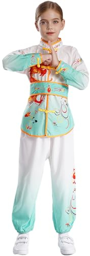 Jugaoge Mädchen Chinesischer Kung Fu Anzug Traditionelle Kampfkunst Uniformen Trainingsanzug aus Langarmhemd + Lange Hose + Bindengürtel Hellgrün 134-140