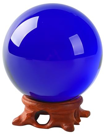 Piccola sfera di cristallo blu con supporto in legno di rosa e scatola regalo per fotografia lensball, indovino, Feng Shui, decorazione per stregoneria, scrying, magia, sfera di cristallo decorativa