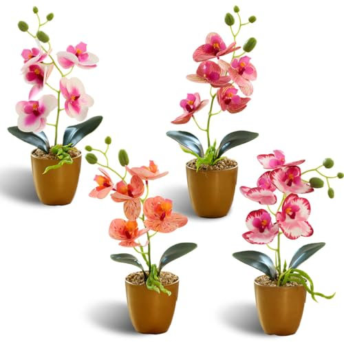 MANOPRANA Lot De 4 Orchidees Artificielles en Pot Orchidees Artificielles Fleurs Artificielles pour Table Bureau Maison FêTe De Mariage Jardin DéCor