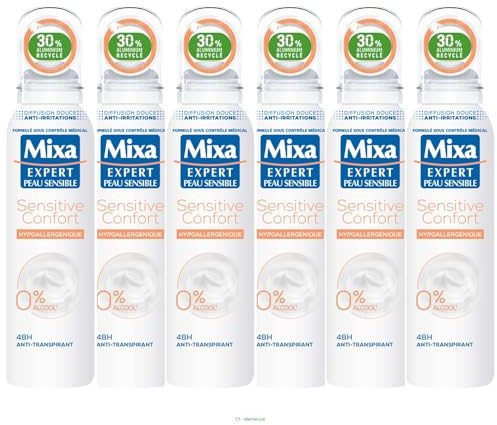 Mixa - Déodorant anti-transpirant 48h - Efficace contre les odeurs et la transpiration - Sensitive Confort Hypoallergénique - Lot de 6 | 0% alcool éthylique, Testé aisselles sensibles, Brume douce apaisante, Flacon 30% aluminium recyclé