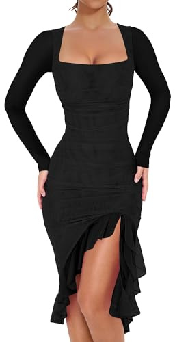 BORIFLORS Women's Sexy Ruched Bodycon Midi Dresses Elegant Mesh Long Sleeve Square Neck Ruffle Hem Cocktail Party Dress, X-Small, Black