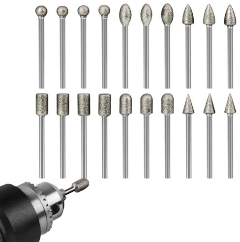 Diamant Fräser Set, Zubehör für Rotationswerkzeuge, Diamant Frässtifte, Diamond Schleifstifte Set, Wird zum Gravieren, Schleifen, Polieren, Gravieren und Bohren von Stein, Glas, 20 Stück