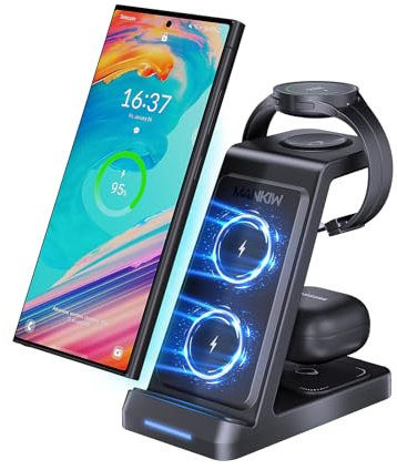MANKIW Chargeur sans Fil pour Samsung, 3 en 1 Pliable Chargeur Induction pour Samsung S25/S24/S23/S22/S21/S20, Z Fold 6/5/4/3, Note20/10 Ultra, Watch 6/5/4/3/Active, Buds2/+/Pro/Live