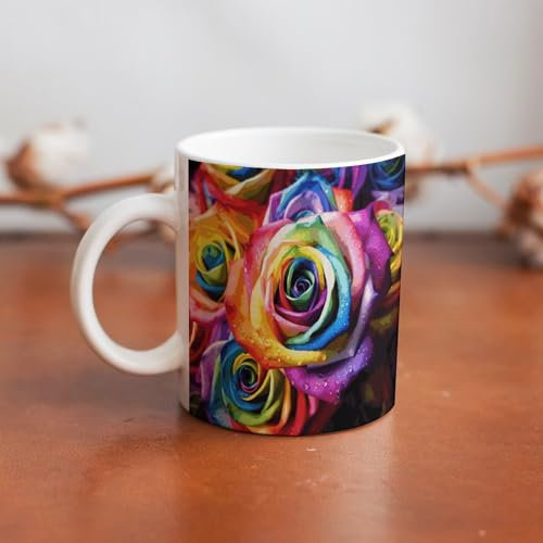 NTVOWPZO Große Porzellantasse mit Griff, Teetasse, Regenbogen-Rose, Porzellan-Kaffeetassen, Keramikbecher, personalisierbar, lustige Tasse für Männer und Frauen