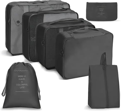 Reise Organizer Set, 8-teilig, Packing Cubes, Kleidertaschen, Packwürfel, Schuhbeutel, Kosmetiktasche (schwarz)