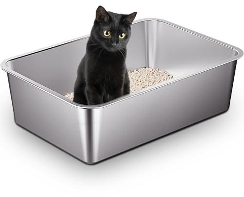 Vealind Stainless Steel Cat Litter Tray Heavy Duty 50L x 35W x10H CM, Metal Non Stick Surface Litter Box for Cats Anti-leakage Easy to Clean Open Top Kitty Litter Pan