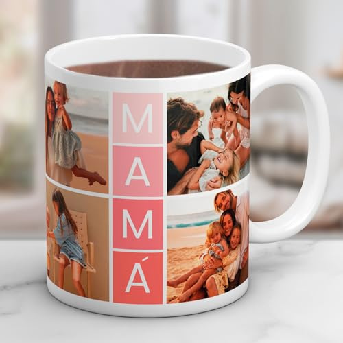 Cristal Plaque - Taza Cerámica Personalizada para Mamá con 4 Fotos | Taza con Diseño MAMÁ y Collage Familiar | Acabado Premium y Asa Ergonómica | Regalo Día de la Madre y Cumpleaños