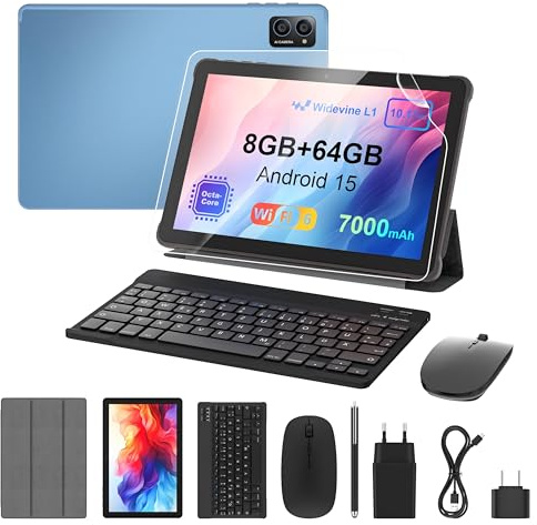 AWOW Tablet 10 Zoll mit Tastatur: Android 15 7000mAh Octa-Core 8GB+64GB 1TB TF Tablet PC - WiFi 6 2.4G/5G Bluetooth 5.0 1280 * 800 FHD Dual Kamera mit Maus, Typ C, Adapter, Hülle, OTG-Adapter, Stift