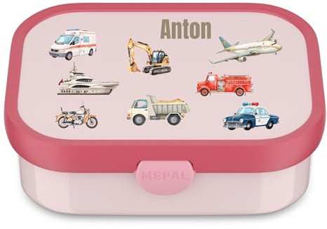 Mepal Brotzeitdose personalisiert, Brotdose Kinder mit Fächern, Lunch Box mit Name BPA-frei auslaufsicher, Bento Box Set mit buntem Aufdruck Fahrzeuge (pink)