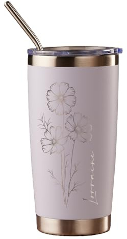 Personalised Engraved Thermal Travel Mug Any Name and Flower Gift with Metal Straw