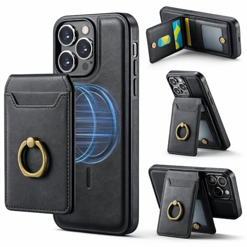 Mizi 3-in-1 Mag Safe Wallet with Stand & Ring Grip, Strong Magnetic Vegan Leather Card Holder, RFID Blocking, Holds 5 Cards, for iPhone 17/16/15/14/13/12 Series (Not for 13/12 Mini) - Black