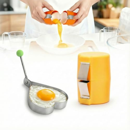 2026 New Egg Opener (with Heart-Shaped Egg Mold), Egg Shell Separator for Raw Eggs, Gadgets Cracker Tool, Stainless Steel Eggshell Breaker Egg Cracker Tool (Yellow)