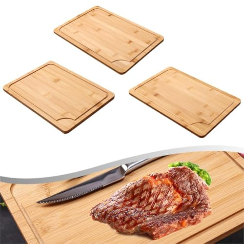 FUBESK Assiette à steak en bois massif pour cuisine occidentale, plateau en bois naturel durable pour servir des steaks et des plats principaux, 28 x 21 x 1,2 cm