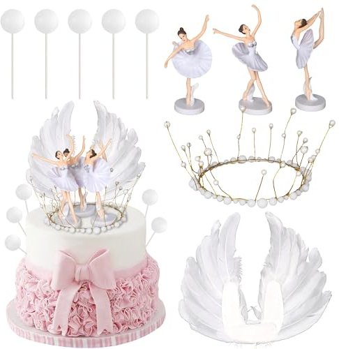 10 Stück 3D Ballett Tortendeko Tanzende Ballerina Mädchen Figur Kuchen Deko DIY Kugel Krone Cake Toppers Federfächer Kuchen Dekorationen für Baby Dusche Geburtstag Jahrestag Party Weiß