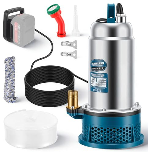Pompe submersible compatible avec batterie Makita 18 V, 5000 l/h, pompe à eau portable sans fil avec tuyau de 10 m, câble de connexion de 5 m, hauteur de refoulement de 16 m, pour piscine, irrigation