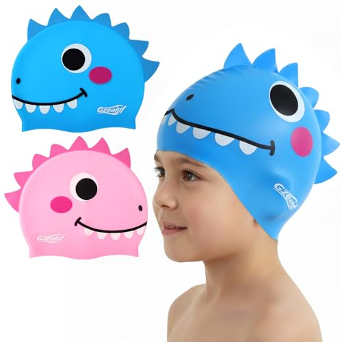 2pcs Kids Swim Cap Silicone Waterproof Hat for Boys Girls Age 3-12 to Keep Hair Dry
