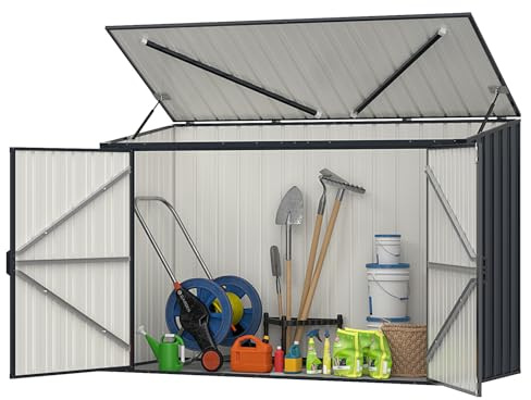 GOPLUS 1.6m² Abri de Jardin en Acier Galvanisé 1,9m³, 193 x 86 x 127 CM, Cache Poubelle Exterieur avec Double Porte à Serrures, Couvercle Relevable, Rangement de Stockage pour Outils, Vélos, Poubelles