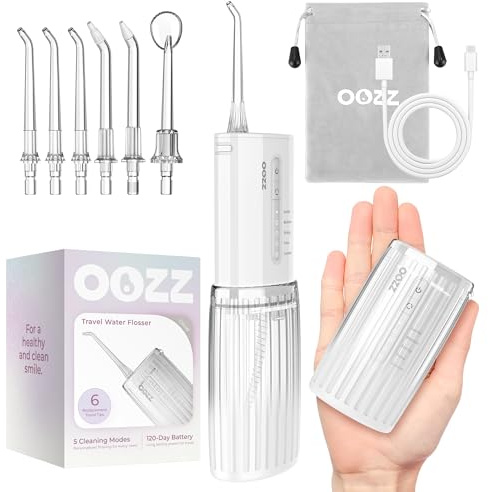 OOZZ Kompakt oral irrigator, ficktandtråd med USB-C-laddning, 5 rengöringslägen, 6 utbytbara spetsar, trådlös IPX8 vattentät, säker läckagesäker vattenflosser, OZ-7214