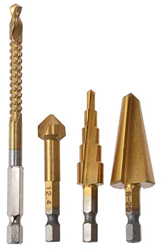 KATUR 4-teiliges HSS-Bohrer-Set mit Titanbeschichtung, 6 mm Säge-Spiralbohrer, 4–12 mm Stufenbohrer, 8–20 mm Regenschirmbohrer, 12,4 mm Anfas-Schaftfräser, Senkbohrer (Hex-Schaft)