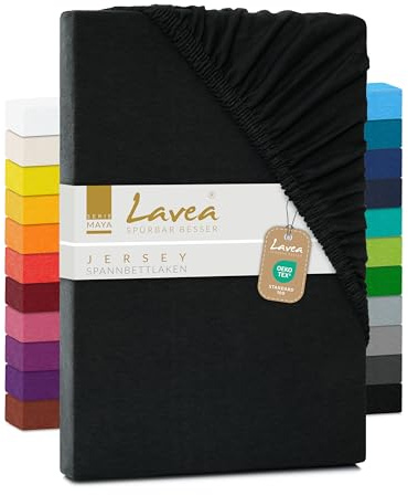 Lavea® Jersey Spannbettlaken, Spannbetttuch, Serie Maya, 100% Baumwolle, hochwertige Verarbeitung, mit Gummizug und OekoTex101-200x220 cm, Schwarz