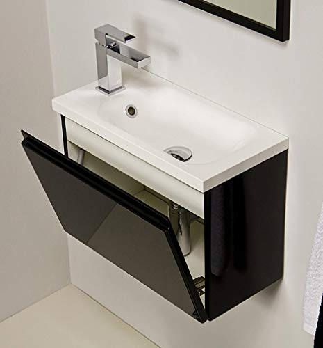 Quentis Gäste-WC Badmöbel FAROS 50 cm – Waschbecken mit Unterschrank, Schwarz Hochglanz