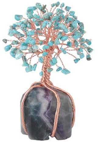 Howlith Türkis Kristallbaum mit Rohstein Basis Geldbaum Figur Wohndeko | Grüner Howlith Türkis Steinbaum, Fluorit Rohstein Basis, Feng Shui Kristall Heilstein Baum, Glücksbaum Figur Büro Heim Deko