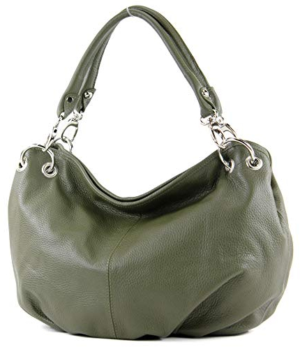 modamoda de IT40 Damen Leder/Nappaleder Schultertasche Hobo Bag handmade in Italy, Farbe:Olivgrün Leder