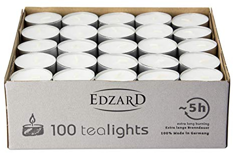EDZARD Tealights - Velas de té (100 unidades, carcasa de aluminio, sin aroma), color blanco