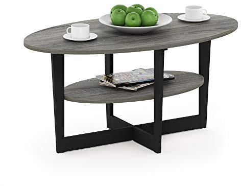 Furinno JAYA Coffee Table, 2-Tier Round Modern Coffee Table with Oval Tabletop, Side Table with Open Shelf, for Living Room, Bedroom, Home Office, French Oak